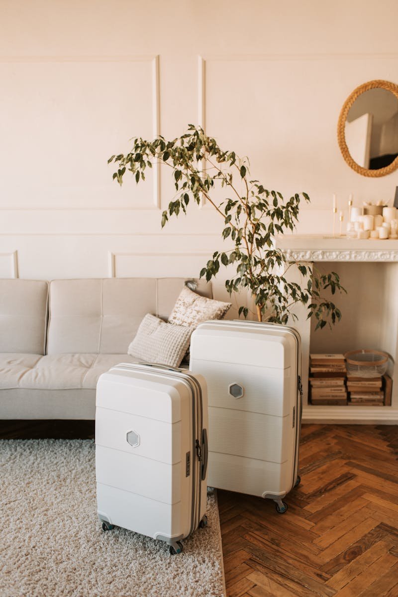 A stylish living room with packed luggage, ready for a travel adventure.
